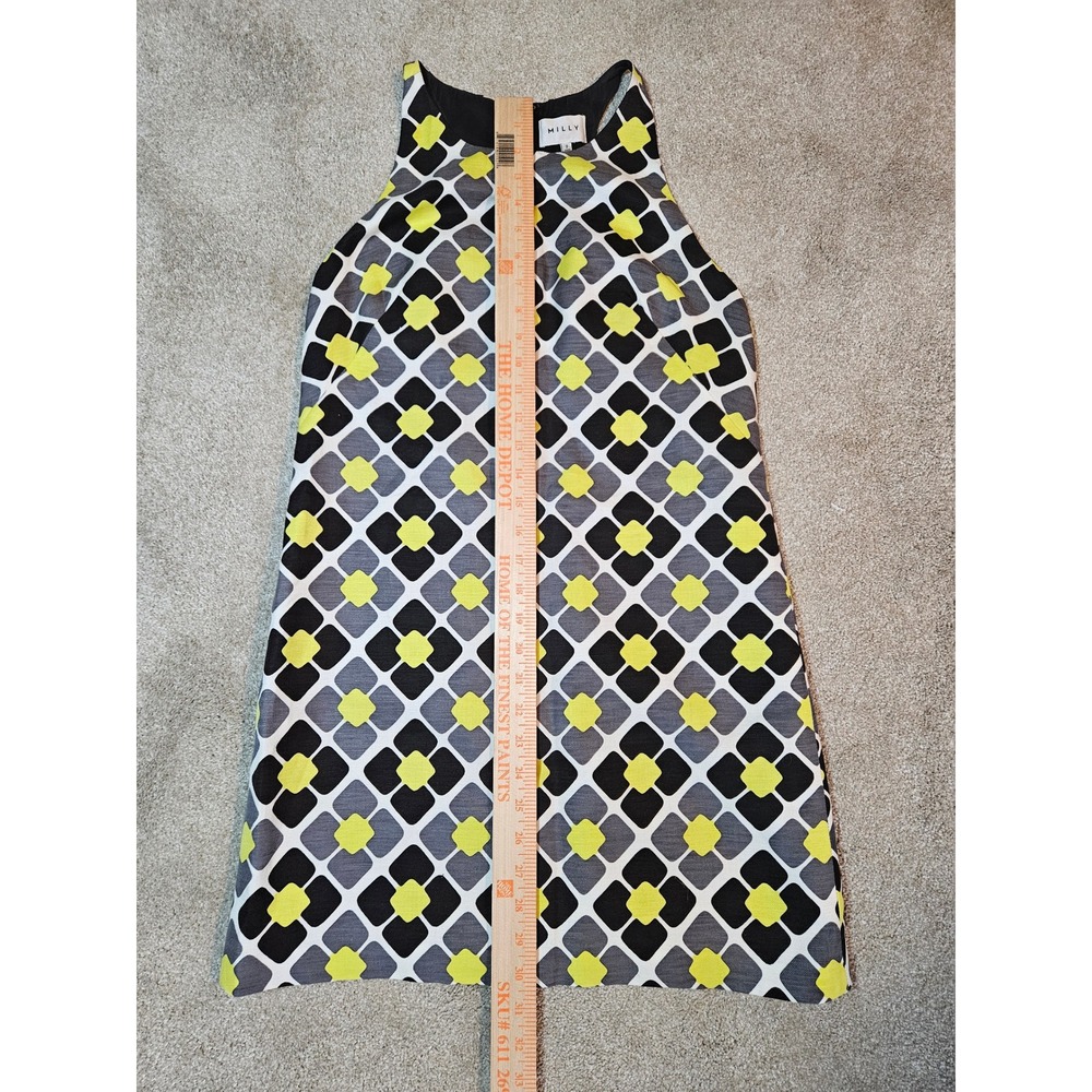 Milly Shift Mini Dress Womens Size 2 Yellow Black Geometric Silk Linen Retro 60s - Picture 5 of 8